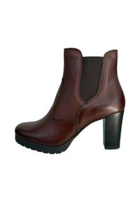 Stivale alla caviglia in pelle marrone con pannello laterale elastico, punta arrotondata e tacco quadrato su sfondo bianco.