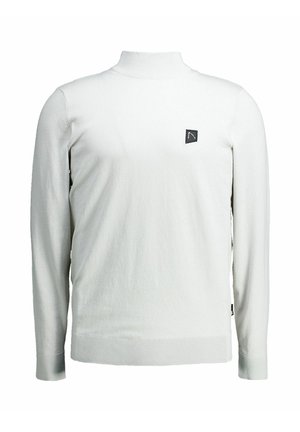 Witte, lange mouwen trui met hoge hals. Gemaakt van zacht materiaal, met een kleine zwarte logopatch op de borst. Geribde manchetten en zoom.