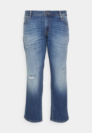 Helle blaue Jeans mit entspannter Passform, mit vernieteten Details, kontrastierenden Nähten und geradem Schnitt am Knöchel.