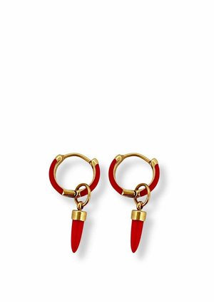 Gold hoop earrings with red enamel accents, each featuring a small red chili pepper-shaped pendant hanging from the hoop.