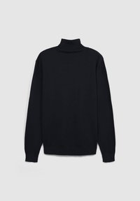 Maglione nero a collo alto, maniche lunghe, tessuto morbido, vestibilità comoda, polsini e collo a costine, texture liscia, design minimale.