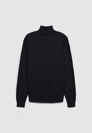 Maglione nero a collo alto, maniche lunghe, tessuto morbido, vestibilità comoda, polsini e collo a costine, texture liscia, design minimale.