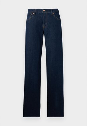 Dunkelblaue Straight-Leg-Denimjeans mit fünf Taschen, Knopfverschluss und sichtbaren gelben Nähten an Nähten und Gürtelschlaufen.