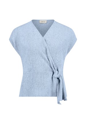 Light blue textured wrap blouse with short sleeves and a side knot detail, displayed on a white background.