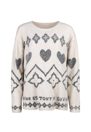 Knit sweater in cream with gray patterns of hearts and floral motifs. Features a crew neck and long sleeves. Soft, textured fabric.