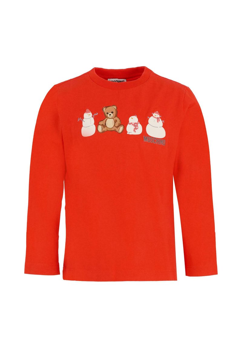 Maglietta rossa a maniche lunghe per bambini con stampa di pupazzi di neve e design di un orsetto. Realizzata in cotone, con scollatura rotonda e vestibilità normale.