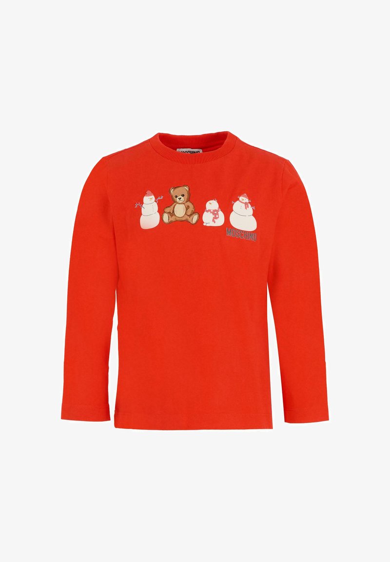 Rode kinderhemd met lange mouwen, voorzien van bedrukte sneeuwmannen en een teddybeertjesontwerp. Gemaakt van katoen, met een ronde halslijn en een normale pasvorm.