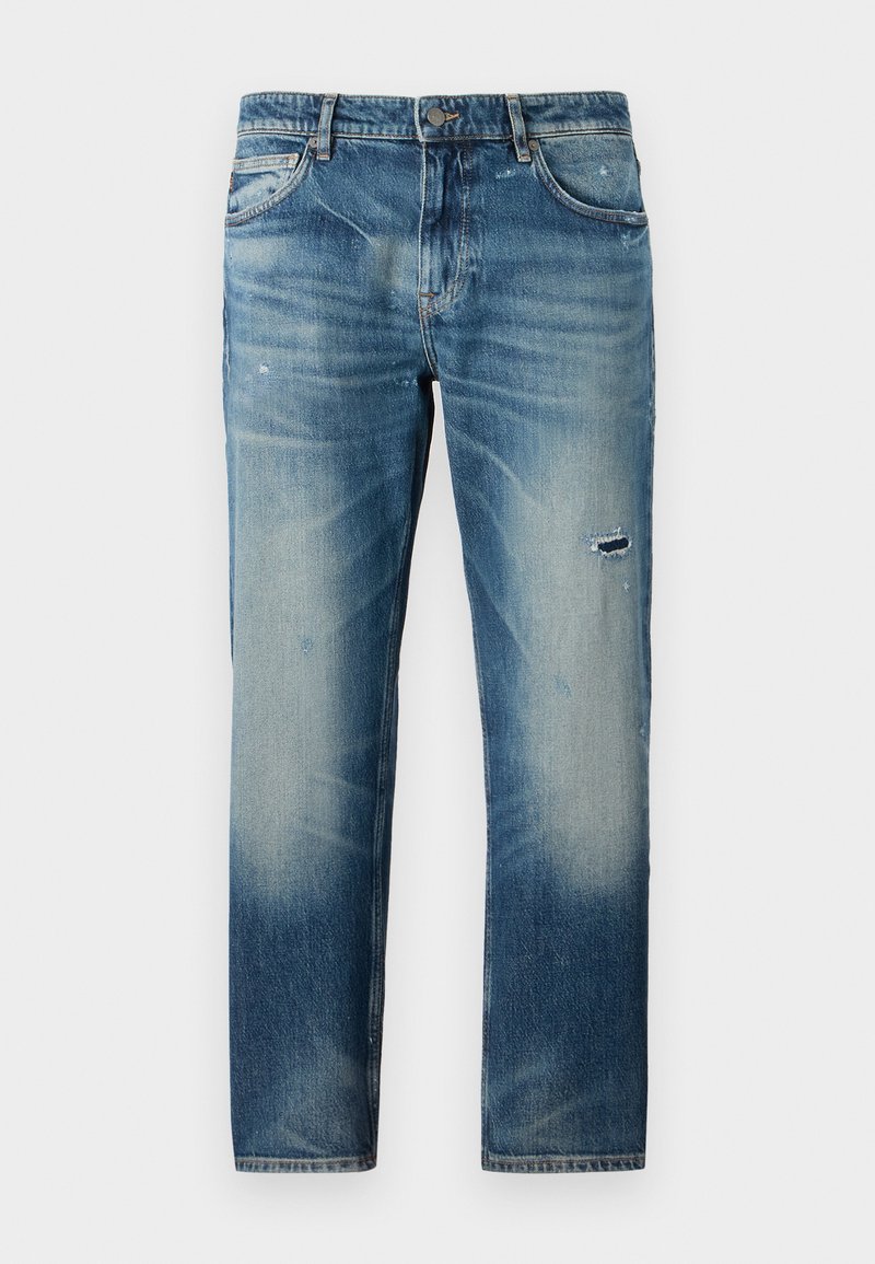 Μπλε τζιν παντελόνι με ίσια γραμμή, με ξεθωριασμένο φινίρισμα, ελαφριά φθορά και διακριτικές λεπτομέρειες ξυσμένων σημειών. Κλασικός σχεδιασμός με πέντε τσέπες.