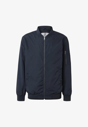 Giubbotto bomber blu navy con cerniera frontale, collo a coste, polsini, orlo e una tasca con cerniera sulla manica sinistra.