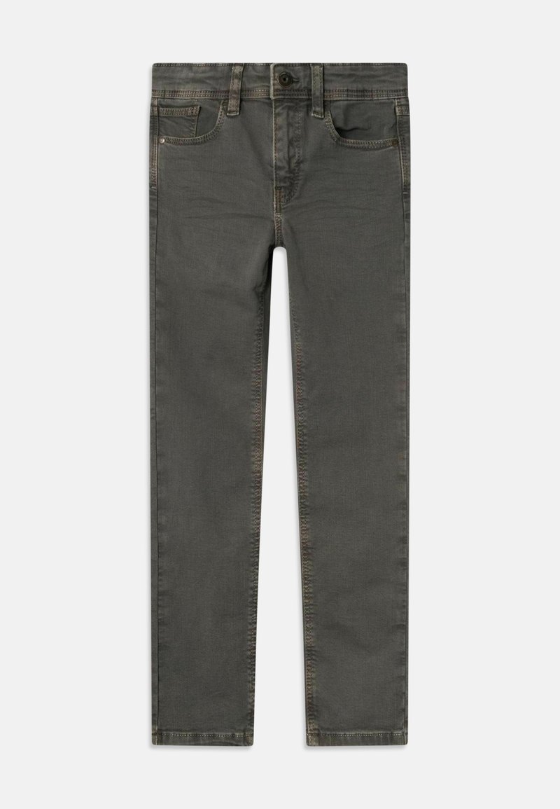Jeans de mezclilla gris oscuro con corte recto, que cuentan con cinco bolsillos, cierre de botón y costuras en contraste a lo largo de las costuras.