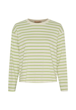 Langærmet skjorte med hvide og lysegrønne vandrette striber og rund halsudskæring, vist på en hvid baggrund.