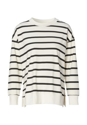 Witte sweatshirt met lange mouwen en zwarte horizontale strepen, met een brede ronde hals, zijsplitsen en geribde manchetten. Zachte stof.