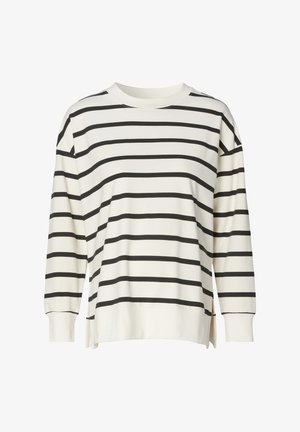 Sudadera blanca de manga larga con rayas horizontales negras, que presenta un cuello redondo amplio, aberturas laterales y puños acanalados. Textura de tela suave.