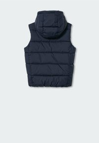 Tummansininen puhallettava liivi hupulla. Sisältää vaakasuoraa tikkausta ja korkean kauluksen. Materiaali vaikuttaa sileältä ja eristetylle.