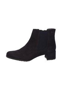 Dunkelblaue Stiefeletten aus Wildleder mit elastischen Seitenpaneelen, runder Zehenform und einem niedrigen Blockabsatz, die über strukturierte Oberflächen und rutschfeste Sohlen verfügen.