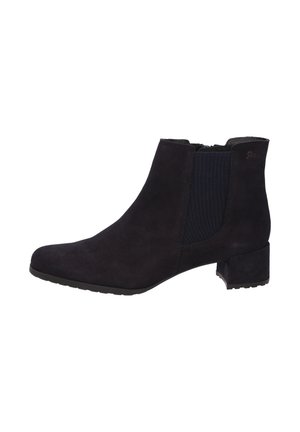 Dunkelblaue Stiefeletten aus Wildleder mit elastischen Seitenpaneelen, runder Zehenform und einem niedrigen Blockabsatz, die über strukturierte Oberflächen und rutschfeste Sohlen verfügen.