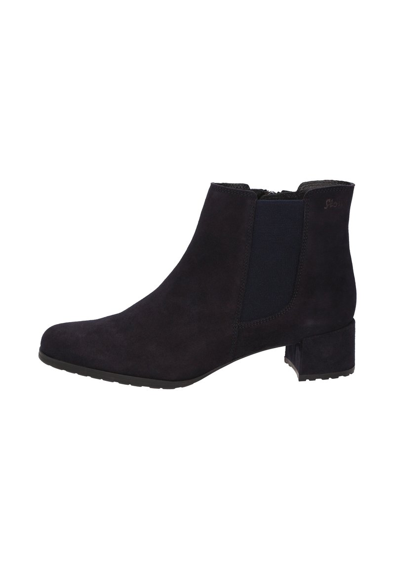 Dunkelblaue Stiefeletten aus Wildleder mit elastischen Seitenpaneelen, runder Zehenform und einem niedrigen Blockabsatz, die über strukturierte Oberflächen und rutschfeste Sohlen verfügen.