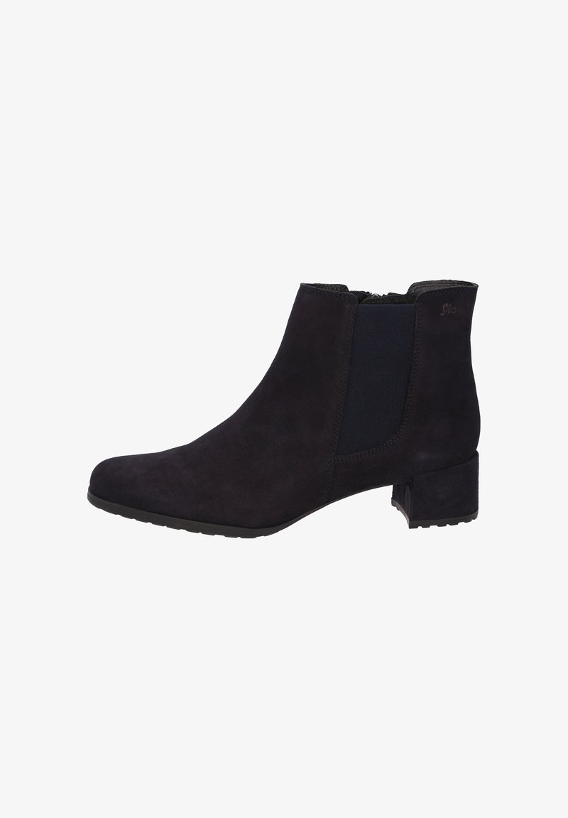 Dunkelblaue Stiefeletten aus Wildleder mit elastischen Seitenpaneelen, runder Zehenform und einem niedrigen Blockabsatz, die über strukturierte Oberflächen und rutschfeste Sohlen verfügen.