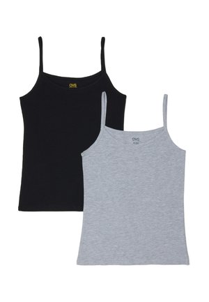 Twee damesmouwloze hemdjes met dunne bandjes, één zwart en één grijs, plat gelegd met het merklabel zichtbaar aan de binnenkant van de halslijn.