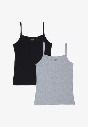 Deux camisoles sans manches pour femmes avec fines bretelles, une noire et une grise, posées à plat avec l'étiquette de la marque visible à l'intérieur de l'encolure.