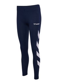 Leggings blu navy realizzati in tessuto elasticizzato, con un logo bianco e un motivo a chevron lungo il lato. Texture liscia, design aderente.