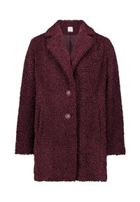 Bordeaux farbener, strukturierter Außenmantel mit Kragen, zwei Knöpfen und Seitentaschen. Hergestellt aus einem flauschigen, weichen Stoff für Wärme.