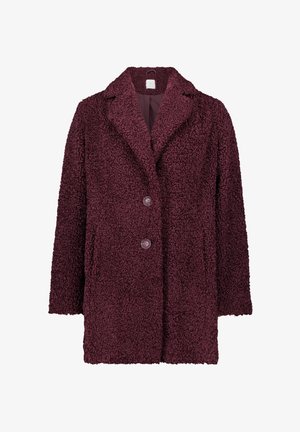 Bordeaux farbener, strukturierter Außenmantel mit Kragen, zwei Knöpfen und Seitentaschen. Hergestellt aus einem flauschigen, weichen Stoff für Wärme.