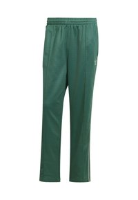 Green athletic pants made of lightweight fabric, featuring an elastic waistband and side seams for a tapered fit; includes logo detail.