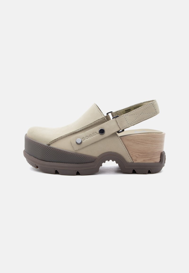 Sabot beige à bout fermé avec bride réglable à la cheville, semelle épaisse marron à crampons et talon bloc à texture bois.