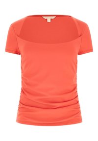 Koralfarvet kortærmet top i glat, strækbart stof med firkantet udskæring og samlet detalje i siderne.
