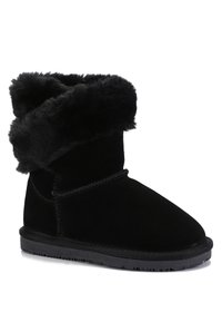 Stivaletti neri alla caviglia con risvolto in pelliccia sintetica, realizzati in materiale simile al suede. Presentano una suola in gomma piatta e cuciture visibili.