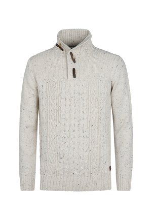 Sweter dziergany w kolorze off-white z teksturowanym wzorem w warkocze, prążkowanym kołnierzem i trzema drewnianymi guzikami przy szyi. Miękka, gruba tkanina.