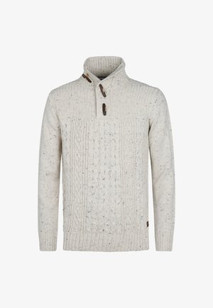 N_kudottu villapaita off-white -värissä, jossa on teksturoitu köysikuvio, ribbikaulus ja kolme puu-nappia kaulassa. Pehmeä, paksu kangas.