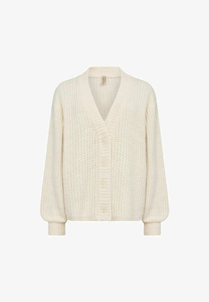 Cárdigan de punto color crema con escote en V, cierre de cinco botones y mangas largas abullonadas. Tejido texturizado con acentos de canalé en los puños.