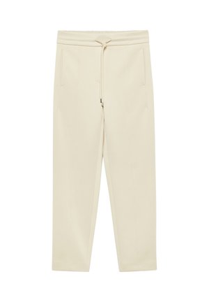 Beige casual pants with an elastic waistband, drawstring tie, side pockets, and straight-leg cut, laid flat on a white background.