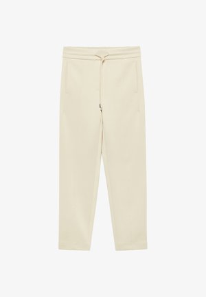Beige casual pants with an elastic waistband, drawstring tie, side pockets, and straight-leg cut, laid flat on a white background.