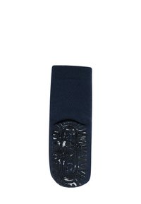 Navy ankle sock with a textured black grip sole featuring a tread design. Material appears soft and elastic, with a ribbed cuff.