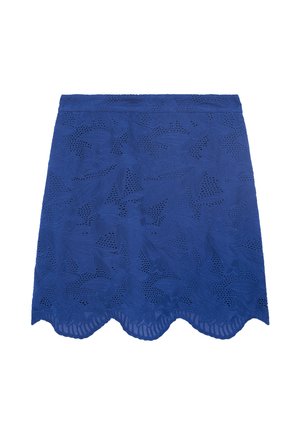 Jupe en dentelle bleue ornée de motifs floraux découpés, avec un ourlet festonné et une finition texturée pour un look superposé. Design taille mi-haute.