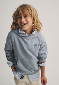 Hall hallise tooniga kapuutsiga pullover ees taskuga, pehme tekstuuriga ja tikitud logoga. Kandmiseks sinise ja valge triibulise särgi peal.