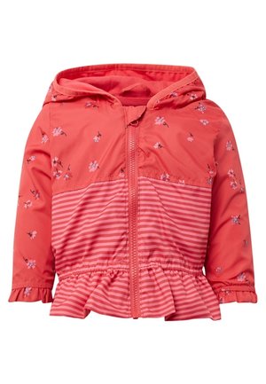 Korallenrosa Kleinkindjacke mit Kapuze, Vorderreißverschluss, Blumenmuster auf Oberteil und Ärmeln, gestreiftem unteren Bereich sowie gerafftem Saum und Bündchen.