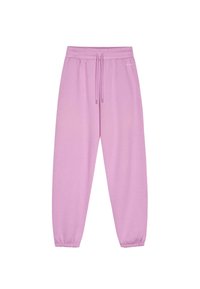 Pantaloni della tuta rosa realizzati in materiale morbido, con vita elastica e cordoncino, polsini elastici e un design semplice.