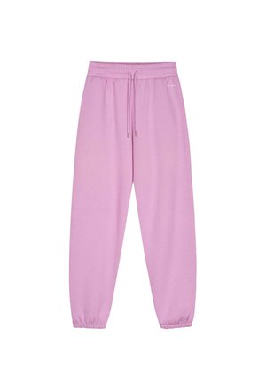 Roze joggingbroek van zacht materiaal, met een elastische tailleband met trekkoord, elastische boorden en een eenvoudig design.