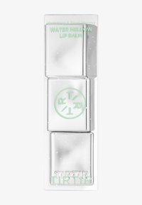Sølv rektangulær lip balm emballage med grøn tekst "Water Mellow Lip Balm" og mærkenavn "TIRTIR" på en hvid baggrund.
