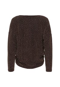 Maglietta a maniche lunghe con scollatura a barca di colore marrone scuro, con una finitura testurizzata e scintillante. Presenta una vestibilità ampia e un dettaglio arricciato sul retro.