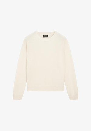 Maglione color crema chiaro realizzato in materiale morbido, con scollo rotondo, maniche lunghe e polsini e orlo a coste. Design semplice senza motivi.