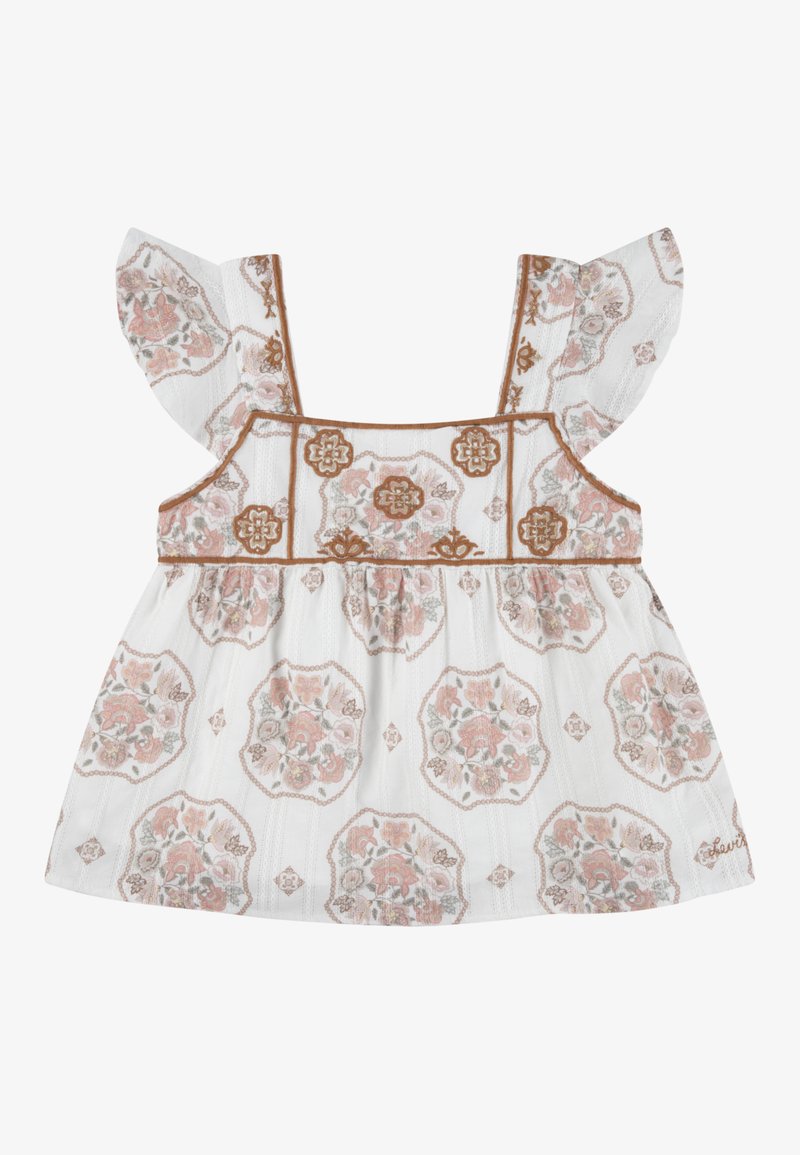 Witte top met bloemige geometrische patronen in roze en bruin. Heeft ruches aan de mouwen en een gerimpelde buste. Gemaakt van lichtgewicht stof.