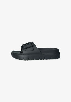 Sandalo nero slip-on con suola spessa scanalata e cinturino regolabile con fibbia sulla parte superiore, design con punta aperta.