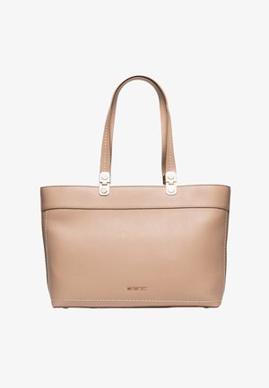 Beige leather tote bag with double handles, rectangular shape, visible stitching, and small gold logo near the bottom center.