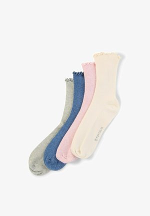 Cztery skarpetki za kostkę z prążkowanego materiału w kolorach szarym, niebieskim, różowym i kremowym, każda z falbanką na mankiecie, ułożone na białym tle, częściowo na sobie.