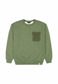 Groene sweatshirt met een ronde halslijn, lange mouwen en een voorkantzak. Gemaakt van een gestructureerde stof met een geribde zoom en manchetten.